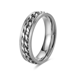 Factory Bulk Sale Punk Style Stainless Steel Biker <b>Silver</b> Men's <b>Ring</b>, Flat Cuban Link Chain <b>Spinner</b> <b>Ring</b> - Product Image 2
