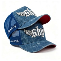 Gorra Trucker de Diseño Personalizado, Estilo Vintage, 5 Paneles, Visera Curva, Denim Lavado, Bordado 3D, Casual, Hip-hop, Unisex, para Exteriores, con Malla