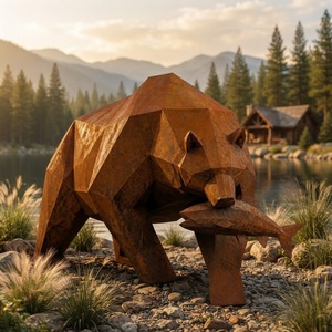Grande Scultura Orso <span class=keywords><strong>Grizzly</strong></span> in Acciaio Corten, Orso Geometrico Low Poly con Statua di Pesce, Decorazione da Giardino Esterno, Arte in Metallo Arrugginito per Prato - Product Image 5