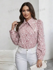 Tejido 100% poliéster burbuja elástico Jacquard telas para hacer mujeres Jacquard detalle cuello puntiagudo manga camisa - Product Image 5