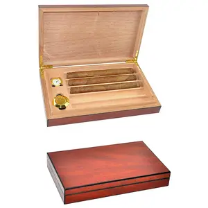 Aksesori cerutu humidor kotak wadah baki perjalanan cerutu portabel isi 5 pak kayu Spanyol dengan pelembap higrometer analog
