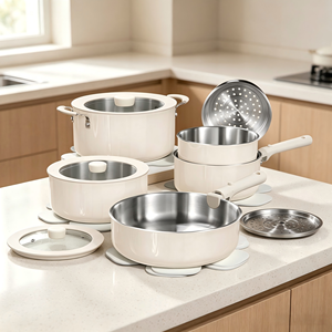 Ensemble de <span class=keywords><strong>casseroles</strong></span> à induction empilables en acier inoxydable 304 à trois couches avec poignée <span class=keywords><strong>amovible</strong></span>, <span class=keywords><strong>série</strong></span> 14 pièces, Pan Eight-2 - Product Image 1