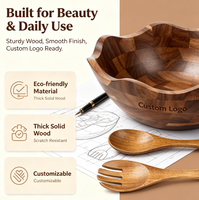Juego de Tazones para Mezclar de Madera de Acacia Decorativos Hechos a Mano de 12 Pulgadas, Tazón para Ensalada de Madera con Utensilios para Servir