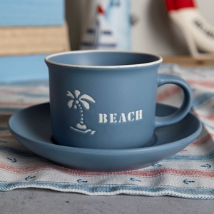 Anchor Sailing & Beach Pharos Designs Tazas de cerámica Juego de tazones para decoración costera del hogar Seguro para microondas con tapas para capuchino - Product Image 4