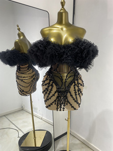 Abito da palcoscenico sensuale per gruppi femminili, nero, con top all'americana, gonna a sbuffo, in rete con strass, trasparente e traspirante, al ginocchio, per discoteca - Product Image 1