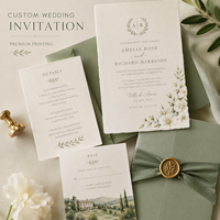 Suite d'invitations de mariage personnalisées en aquarelle toscane avec bordure festonnée, monogramme, et enveloppe vert sauge