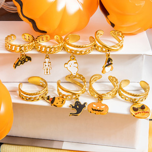 แหวนจี้ฮาโลวีน สแตนเลสสตีล ชุบทอง 18K ลายการ์ตูนฟักทองหัวกะโหลก เครื่องประดับสำหรับงานปาร์ตี้ 男女兼用 - Product Image 1