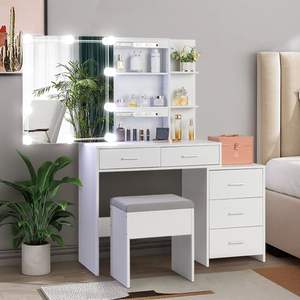 DB FCH Juego de tocador de maquillaje blanco con espejo iluminado, 5 bombillas, 2 estantes, muebles de dormitorio de diseño moderno - Product Image 5