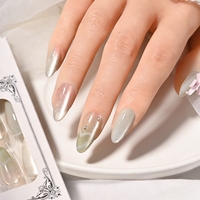 24 Uñas Postizas con Efecto Ojo de Gato en Degradado Rosa y Verde, con Lazo 3D y Perla, Hechas a Mano, Estilo Coreano Y2K