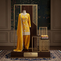 Setelan Kurti Sutra Kuning Bordir Bunga Desainer Wanita dengan Celana Patiala dan Dupatta, Pakaian Pesta India