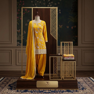 Kurti de seda amarilla con bordado floral para mujer, con pantalones Patiala y conjunto de dupatta, traje indio para fiestas. - Product Image 1