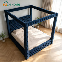 Cadre de lit king size moderne de luxe en velours bleu avec rangement pour mobilier de chambre d'hôtel de luxe