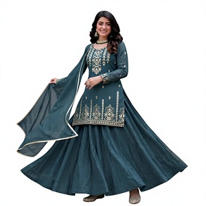 Salwar Kameez en polyester brodé bleu sarcelle, robe traditionnelle longue pour femme, tenue de mariage Inde Pakistan, coupe classique - Product Image 1