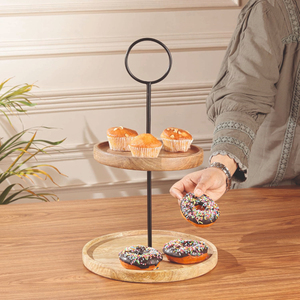 Soporte Redondo de Madera de 2 Niveles para Pasteles, Ecológico y de Primera Calidad, con Varilla de Metal y Diseño Rústico para Servir - Product Image 2
