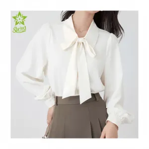 Wholesale Custom Formal Long Sleeve Solid Bow Tie Shirts Ladies Elegant Button Up blusas e camisas femininas Women Blouses