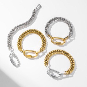 YF3611 Joyería de Diseño Sin Deslustre Chapada en <span class=keywords><strong>Oro</strong></span> de <span class=keywords><strong>18K</strong></span> Acero Inoxidable <span class=keywords><strong>Cadena</strong></span> Cubana Dos Tonos Grueso Mosquetón Collar Pulsera - Product Image 6