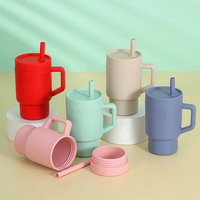 Botol Minum Tumbler Macaron Beige Warna-Warni Kustom yang Lucu, Ringkas, Dapat Digunakan Kembali untuk Dewasa, Mug Minum Portabel dengan Sedotan Silikon