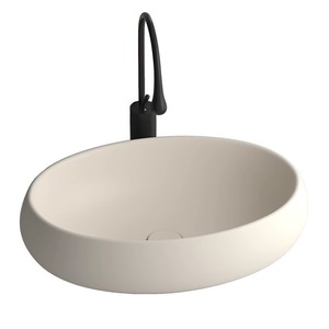 Lavabo Ovalado <span class=keywords><strong>de</strong></span> Cerámica Moderno Personalizado con un Solo Orificio, Estilo Crema Amarillo, para Baño, Balcón o Lavadero - Product Image 1