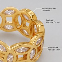 Bague JinSpark 'Infinity Fortune' avec pièces de monnaie entrelacées, zircon marquise, plaqué or 24 carats, talisman de luxe pour la prospérité, pour femme