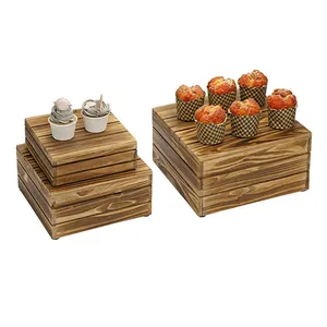 Private Label Cupcake Dessert Stands Box Riser Multipurpose Set Of 3 Vintage Wood Crate Display Risers