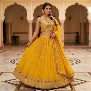 Lehenga Choli jaune brodé de créateur pour femmes, idéal pour les mariages, les festivals et les fêtes, tenue de mariée traditionnelle Ghagra Chaniya Choli - Product Image 6