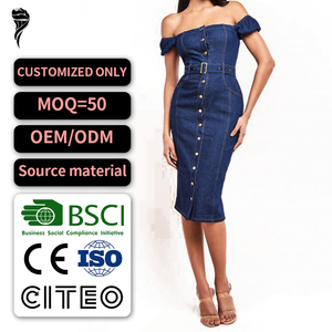 Nuovo Design Abito Midi <span class=keywords><strong>in</strong></span> Denim Personalizzato con Spalle Scoperte e Cintura, <span class=keywords><strong>Vestito</strong></span> Aderente Elegante da <span class=keywords><strong>Donna</strong></span> con Bottoni, Abito Estivo <span class=keywords><strong>in</strong></span> <span class=keywords><strong>Jeans</strong></span> - Product Image 1