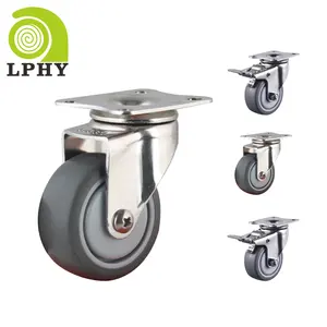 2 Inch 50Mm 304 Roestvrijstalen Industriële Rubberen Kar Wiel Heavy Duty Swivel Tpr Meubelen Caster Wiel Zonder Rem