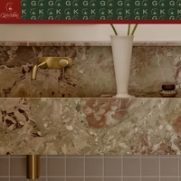 GOLDKING Meuble-lavabo mural de luxe moderne pour salle de bain principale, en marbre Monet Garden, avec double vasque, veinures beige, rose et vertes