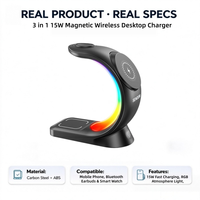 Station de charge sans fil magnétique 3 en 1, charge rapide 15W, station d'accueil de bureau pour téléphone, écouteurs TWS, montre connectée avec lumière RGB