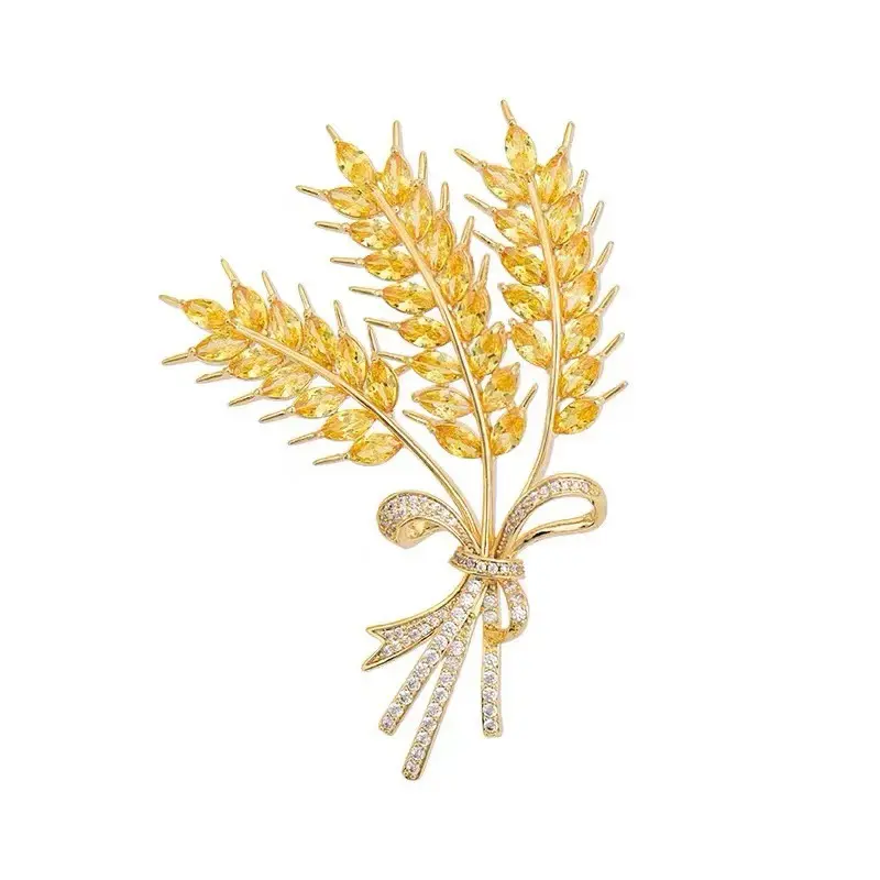 High-End Overcoat Scarf Button Brooch Jewelry Crystal Wheat Ears Bow Brooches Pin Yellow Rhinestone Wheat Brooches Women