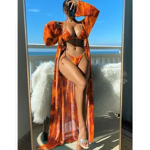 Women'S Designer 3 Piece Cover Up Swimsuits Triangle Swimwear Beachwear Thong Sexy Bikini Set