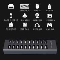 Hub USB 2.0 alimenté 20 ports, séparateur industriel, adaptateur d'alimentation 12V 8A 96W, hub de données avec interrupteur d'alimentation pour Windows MacOS Linux