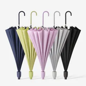 Guarda-chuva longo de couro falso 16k, guarda-chuva longo com punho curvado de cor pura pastel à prova de vento para mulheres