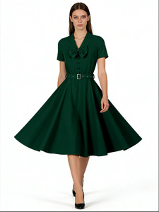 Vestido de poliéster de cintura alta con lazo y cuello en V, estilo retro vintage Hepburn, que estiliza la figura, para mujer - ¡Gran oferta! - Product Image 5