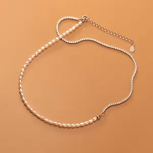 Zilveren Sieraden Fabriek 925 Sterling Zilveren Parel En Diamant Necakece 18K Vergulde Zilveren Ketting Ketting Sieraden Vrouwen