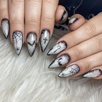 Vente en gros de 24 pièces d'ongles pressés amovibles en ABS, forme amande, noir dégradé, motif toile d'araignée et chauve-souris, pour Halloween