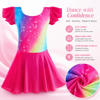 Robe de travail de gymnastique en fibre de polyester anti-bactérienne à manches courtes à volants, dégradé de paillettes, plusieurs couleurs arc-en-ciel