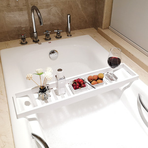 Étagère de bain en bambou blanche à 1 niveau, plateau de bain amovible pour rangement dans la baignoire - Product Image 1