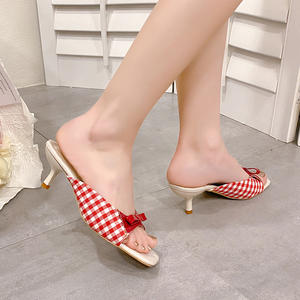 Sandalias de Tacón Alto con Diseño de Punta Cuadrada y Estampado a Cuadros Francés, Cómodas y a la Moda para Mujer, Talla Grande, para Verano y Exteriores - Product Image 4