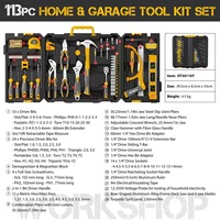 Kit d'outils de réparation automobile et domestique 113 pièces – Ensemble combiné de matériel, pinces, mètre ruban, tournevis, outils en acier et plastique