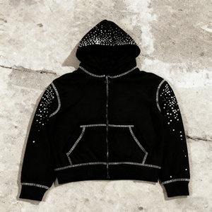 Sudadera con capucha personalizada de proveedor líder, con cremallera, parche bordado, LOGO serigrafiado y pedrería completa de colores variados - Product Image 1