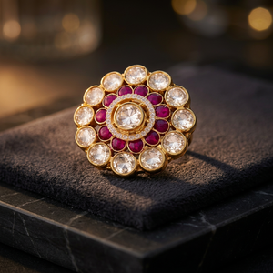 Royal Bloom Design Kundan Polki 925 Sterling <b>Silver</b> <b>Statement</b> <b>Ring</b> Floral Motif <b>Ring</b> Engagement Bridal Jewellery Gift For Her - Product Image 1