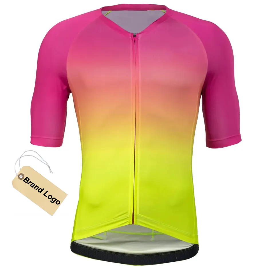 Camisa de ciclismo com logotipo de marca personalizado para homens, camisa de manga curta com bolso traseiro 3 + 1 para ciclismo, gradiente de sublimação