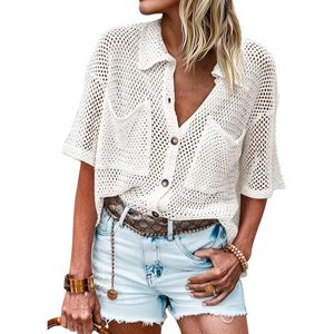 Chemisier ample en crochet pour femme à manches courtes, col boutonné, col en V, ajouré, haut d'été 100% acrylique - Product Image 1