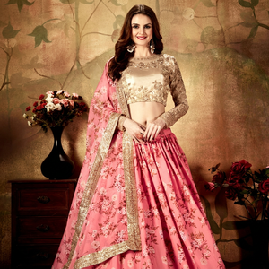 Pink Floral A-Line Floor-Length <b>Lehenga</b> Choli Zari Embroidery Bridesmaid Wear Embroidered Blouse and Pleated Skirt with Dupatta - Product Image 1