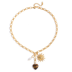 Collar con colgante de corazón de ojo de tigre y dije de sol, cadena dorada para mujer, uso diario - Product Image 5