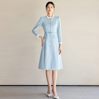 Robe trapèze professionnelle pour femme, style français, bleue, col rond, manches longues, en polyester, grande taille, avec logo frontal, ODM OEM