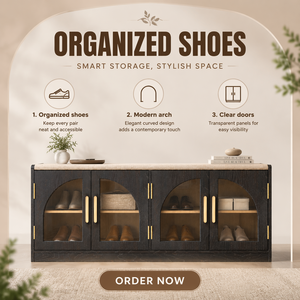 Banco moderno de madera para guardar zapatos con puertas de vidrio arqueadas, tiradores dorados, asiento acolchado, madera oscura para entrada - Product Image 3
