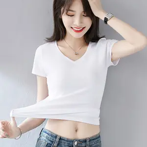 Wholesale Custom High Quality Blank White 100%cotton Women V Neck T Shirt