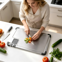 Planche à découper multifonctionnelle pour aliments, viande et fromage en acier inoxydable 304 avec rainures et aiguiseur de couteaux pour la cuisine